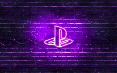 PlayStation viola logo, 4k, viola, brickwall, PlayStation logo, marchi, PlayStation neon logo, PlayStation