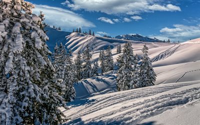 Switzerland, winter, beautiful nature, mountains, Alps, snowdrifts, swiss nature, HDR