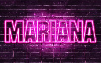 ماريانا, 4k, خلفيات أسماء, أسماء الإناث, اسم ماريانا, الأرجواني أضواء النيون, نص أفقي, الصورة مع اسم ماريانا
