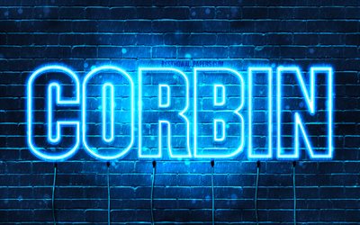 Corbin, 4k, pap&#233;is de parede com os nomes de, texto horizontal, Corbin nome, luzes de neon azuis, imagem com Corbin nome