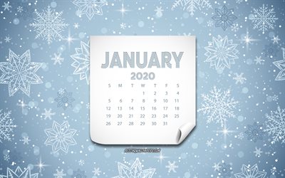 Gennaio 2020 il Calendario, sfondo con fiocchi di neve, invernali, sfondo, 2020 concetti, 2020 calendari, candidi fiocchi di neve, gennaio 2020 il Calendario di gennaio