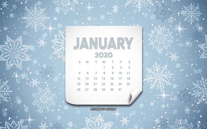 Janvier 2020 Calendrier, fond avec des flocons de neige, hiver, fond, horizon 2020 concepts, &#224; 2020 les calendriers, les blancs flocons de neige, 2020 janvier du Calendrier, le mois de janvier
