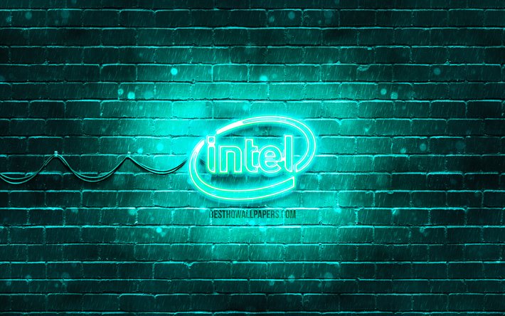Intel turchese logo, 4k, turchese, brickwall, il logo Intel, marche, Intel neon logo Intel