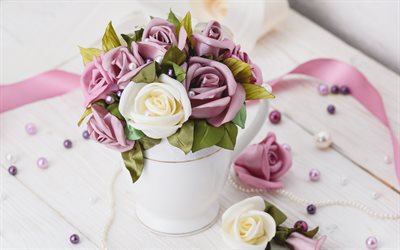bouquet of roses, purple roses, white roses, fabric roses, vase of roses