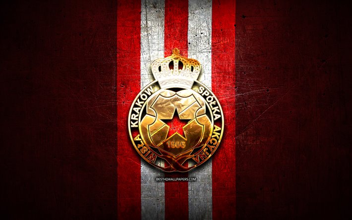 Il Wisla Cracovia FC, logo dorato, Ekstraklasa, rosso, metallo, sfondo, calcio, Wisla Cracovia, polacco football club, il Wisla Cracovia logo, Polonia