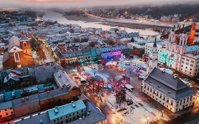 Kaunas, inverno, veduta aerea, piazza, Albero di Natale, Lituania, Europa