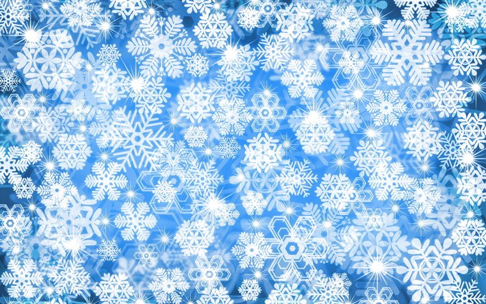 blue snowflakes background, bokeh, snowflakes patterns, blue winter background, white snowflakes, winter backgrounds, snowflakes