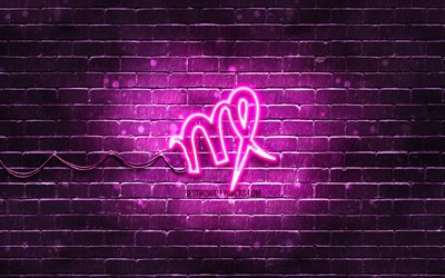 jungfrau neonreklame, 4k, lila brickwall, kreative kunst, sternzeichen, jungfrau sternzeichen symbol, jungfrau, astrologie, tierkreis-neon-zeichen jungfrau