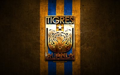 Tigres UANL FC, logo dorato, Liga MX, in metallo arancione di sfondo, calcio Tigres UANL, messicano squadra di calcio Tigres UANL logo, calcio, Messico