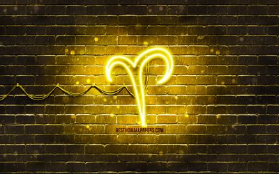 Aries neon sign, 4k, yellow brickwall, creative art, zodiac signs, Aries zodiac symbol, Aries zodiac sign, astrology, Aries Horoscope sign, astrological sign, zodiac neon signs, Aries