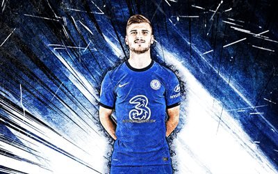 4k, Timo Werner, grunge art, Chelsea FC, german footballers, Premier League, soccer, Timo Werner Chelsea, football, blue abstract rays, Timo Werner 4K