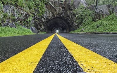 tunnel in the rock, asphalt road, yellow lines on the road, rocks, mountain road, USA
