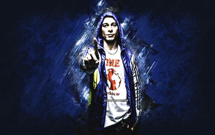 Fabri Fibra, italian rapper, Fabrizio Tarducci, portrait, blue stone background, popular italian singers