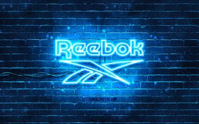 Logo blu Reebok, 4k, muro di mattoni blu, logo Reebok, marchi di moda, logo neon Reebok, Reebok