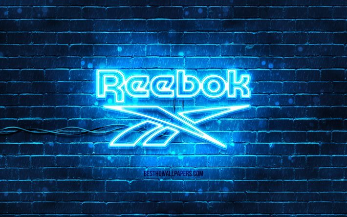 Logotipo da Reebok azul, 4k, parede de tijolos azul, logotipo da Reebok, marcas de moda, logotipo da Reebok neon, Reebok