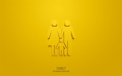 Familj 3d-ikon, gul bakgrund, 3d symboler, Familj, M&#228;nniskor ikoner, 3d ikoner, Familj skylt, M&#228;nniskor 3d ikoner