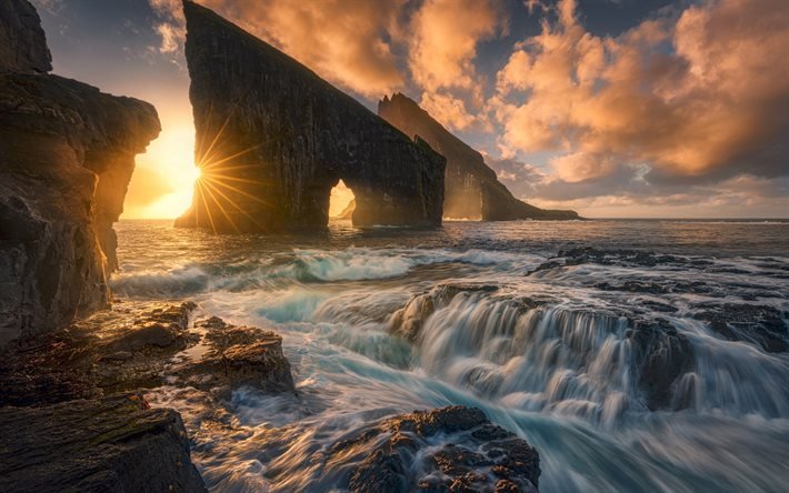 大西洋, 海岸, Rocks (岩), Faroe Islands, sunset, bonsoir, ウェーブ