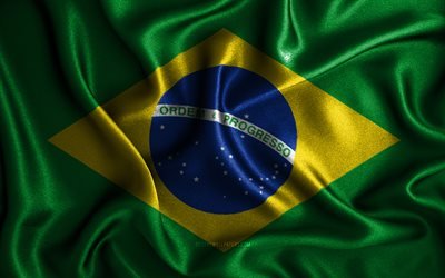 Brasiliansk flagga, 4k, v&#229;giga sidenflaggor, Sydamerikanska l&#228;nder, nationella symboler, Brasiliens flagga, tygflaggor, 3D-konst, Brasilien, Sydamerika, Brasilien 3D-flagga