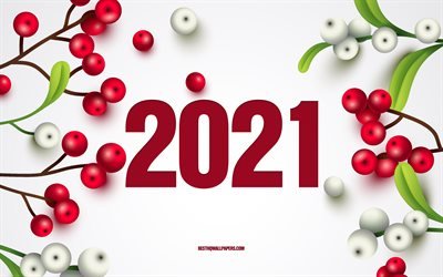 Feliz ano novo 2021, 4k, bagas vermelhas, fundo branco 2021, conceitos 2021, ano novo 2021, fundo 2021 com bagas