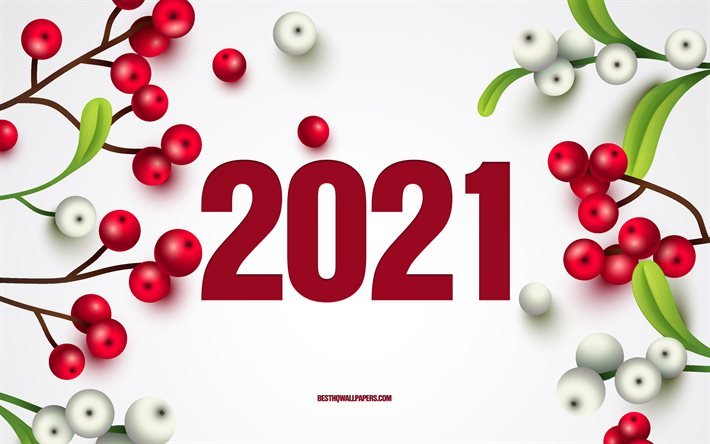 Mutlu Yıllar 2021, 4k, kırmızı meyveler, 2021 beyaz arka plan, 2021 kavramlar, 2021 Yeni Yıl, 2021 &#231;ilek ile arka plan