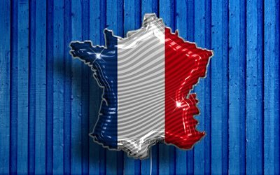 フランスのリアルな風船マップ, 4k, フランスのシルエット, 3Dマップ, フランスの地図, French flag (フランス国旗), 青い木の背景, フランスの地図と風船, creative クリエイティブ, 3Dフランス地図