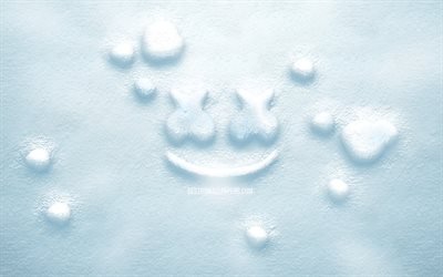Marshmello 3D snow logo, 4K, american DJs, creative, Christopher Comstock, Marshmello logo, DJ Marshmello, snow backgrounds, Marshmello 3D logo, Marshmello