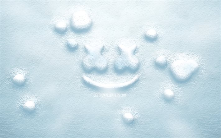 Marshmello 3D snow logo, 4K, DJ am&#233;ricains, cr&#233;atif, Christopher Comstock, logo Marshmello, DJ Marshmello, arri&#232;re-plans de neige, logo Marshmello 3D, Marshmello