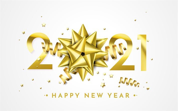 Felice anno nuovo 2021, 4k, fiocco di seta oro, sfondo oro 2021, concetti 2021, sfondo 2021 con fiocco oro, 2021 anno nuovo, lettere d&#39;oro