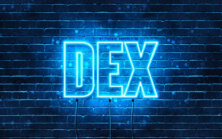 Dex, 4k, bakgrundsbilder med namn, Dex-namn, bl&#229; neonljus, Grattis p&#229; f&#246;delsedagen Dex, popul&#228;ra nederl&#228;ndska manliga namn, bild med Dex-namn