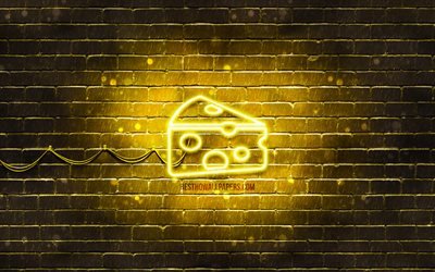 Cheese neon icon, 4k, yellow background, neon symbols, Cheese, creative, neon icons, Cheese sign, food signs, Cheese icon, food icons