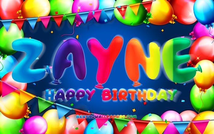 Joyeux anniversaire Zayne, 4k, cadre ballon color&#233;, nom Zayne, fond bleu, Zayne joyeux anniversaire, Zayne anniversaire, noms masculins am&#233;ricains populaires, concept d&#39;anniversaire, Zayne