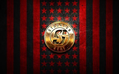 Stockton Heat flag, AHL, red black metal background, american hockey team, Stockton Heat logo, USA, hockey, golden logo, Stockton Heat