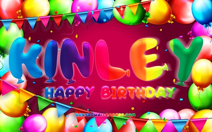 Buon compleanno Kinley, 4k, cornice di palloncini colorati, nome Kinley, sfondo viola, buon compleanno Kinley, compleanno Kinley, nomi femminili americani popolari, concetto di compleanno, Kinley