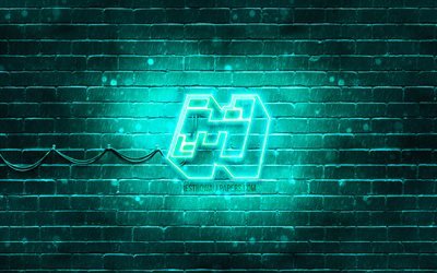 Minecraft turquoise logo, 4k, turquoise brickwall, Minecraft logo, 2020 games, Minecraft neon logo, Minecraft