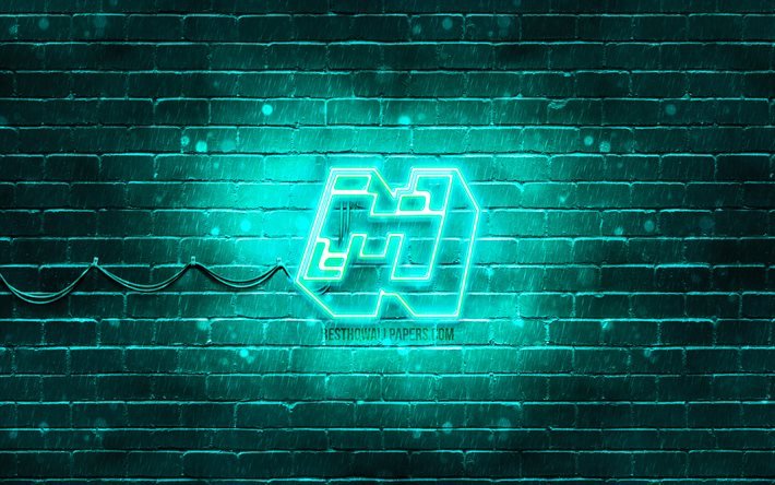 minecraft t&#252;rkis logo, 4k, t&#252;rkis brickwall, minecraft logo, 2020 spiele, minecraft neon logo, minecraft