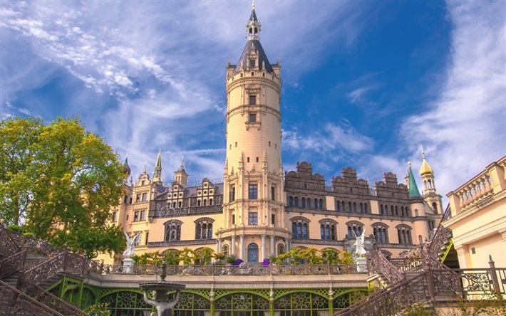 Castello di Schwerin, Schwerin, sera, castelli della Germania, antichi castelli, Meclemburgo-Pomerania Anteriore, Germania