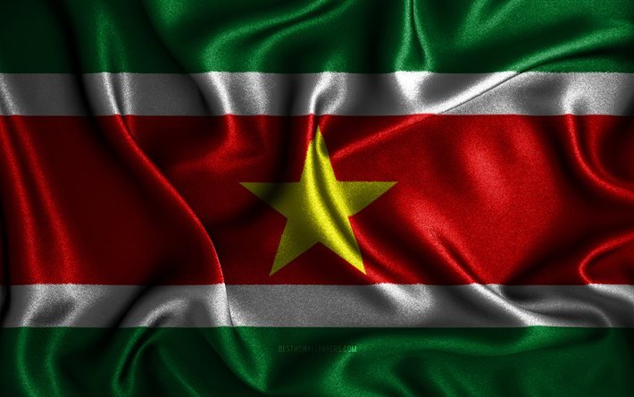 Drapeau du Suriname, 4k, drapeaux ondul&#233;s en soie, pays d&#39;Am&#233;rique du Sud, symboles nationaux, drapeau du Suriname, drapeaux en tissu, art 3D, Suriname, Am&#233;rique du Sud, drapeau Suriname 3D