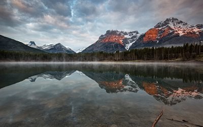 morning, sunrise, mountain lake, winter, forest, green trees, mountain landscape, winter landscape, Alberta, Canada