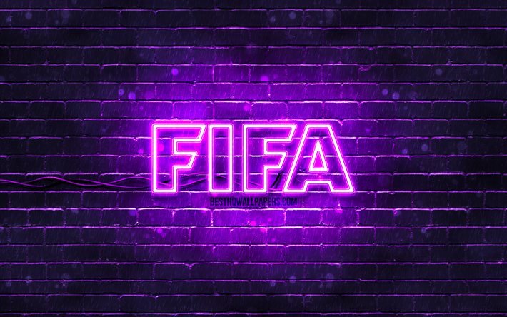 FIFAバイオレットロゴ, 4k, バイオレットブリックウォール, FIFAロゴ, サッカーシミュレーター, FIFAネオンロゴ, 国際サッカー連盟