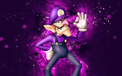 Waluigi, 4k, encanador de desenho animado, luzes de n&#233;on violeta, Super Mario, criativo, personagens do Super Mario, Super Mario Bros, Waluigi Super Mario