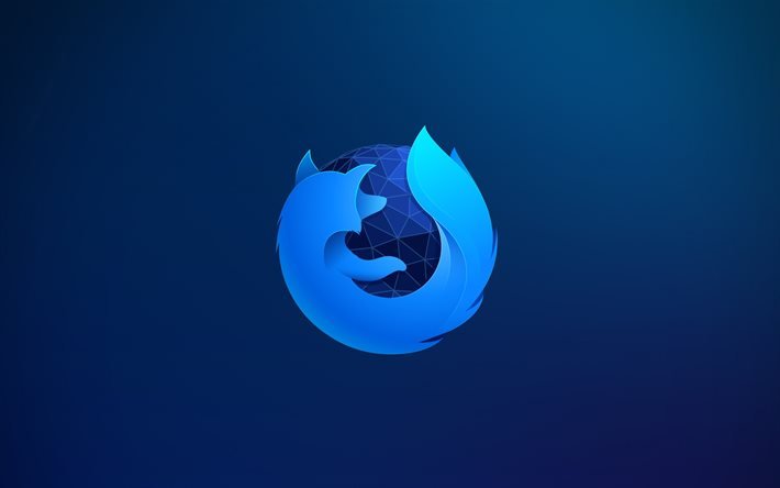 Firefox logosu, mavi arka plan, Firefox mavi logosu, Firefox 3D amblemi, Mozilla Firefox