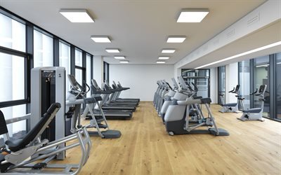 gym, fitness center, exercise equipment, treadmills, gym concept, interior of a modern gym, cardiovascular equipment, Rowing machine, Indoor cycling