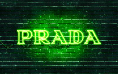 プラダグリーンのロゴ, 4k, 緑のブリックウォール, プラダロゴ, ファッションブランド, プラダネオンロゴ, Prada（プラダ）