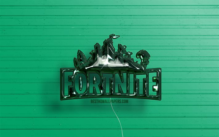 Logo 3D Fortnite, 4k, ballons r&#233;alistes vert fonc&#233;, logo Fortnite, arri&#232;re-plans en bois vert, Fortnite