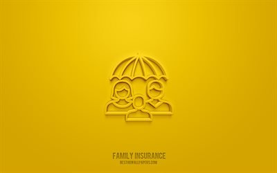 Perhevakuutuksen 3d-kuvake, keltainen tausta, 3d-symbolit, perhevakuutus, vakuutuskuvakkeet, 3d-kuvakkeet, perhevakuutuksen merkki, vakuutuksen 3d-kuvakkeet