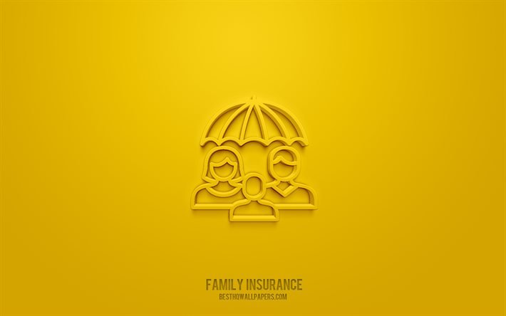 Ic&#244;ne 3d d&#39;assurance familiale, fond jaune, symboles 3d, assurance familiale, ic&#244;nes d&#39;assurance, ic&#244;nes 3d, signe d&#39;assurance familiale, ic&#244;nes 3d d&#39;assurance