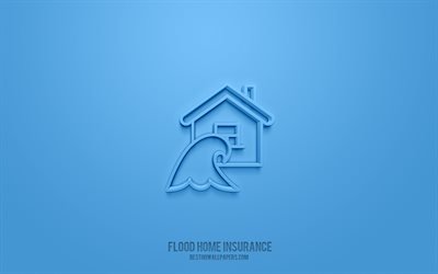 洪水住宅保険の3Dアイコン, 黄色の背景, 3Dシンボル, 洪水住宅保険, 保険アイコン, 3D图标, 洪水住宅保険のサイン, 保険の3Dアイコン