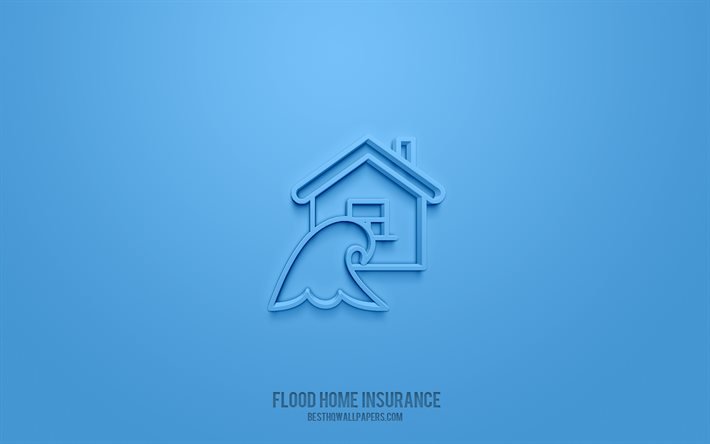 洪水住宅保険の3Dアイコン, 黄色の背景, 3Dシンボル, 洪水住宅保険, 保険アイコン, 3D图标, 洪水住宅保険のサイン, 保険の3Dアイコン