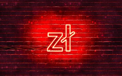 Icona al neon zloty polacco, 4k, sfondo rosso, valuta, simboli al neon, zloty polacco, icone al neon, segno zloty polacco, segni di valuta, icona zloty polacco, icone di valuta