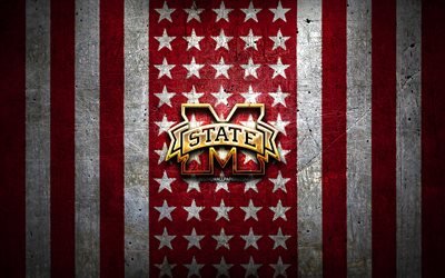 Mississippi State Bulldogs flag, NCAA, red white metal background, american football team, Mississippi State Bulldogs logo, USA, american football, golden logo, Mississippi State Bulldogs